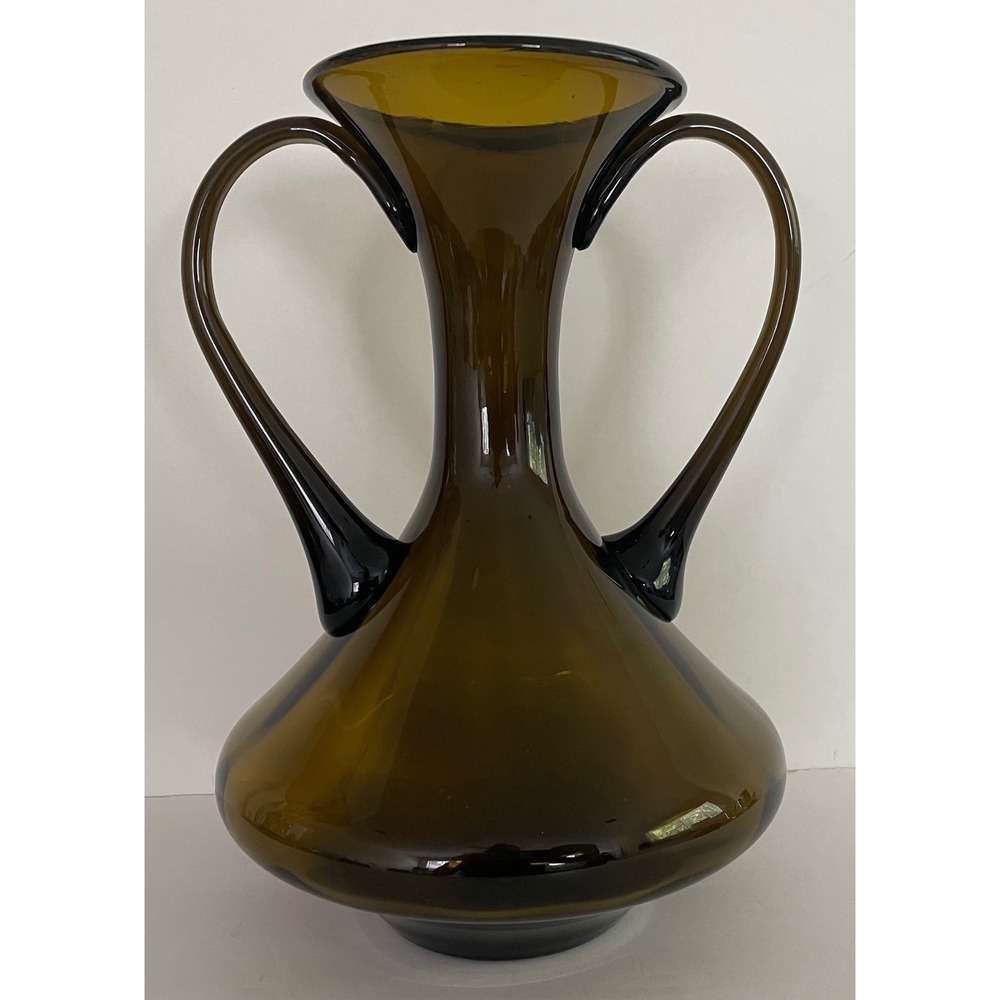 Vtg Mid Century Modern Empoli Glass Double Handle Hand Blown Olive Brown 10.5"" - Picture 2 of 14